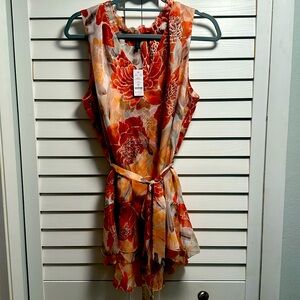 WHBM floral sleeveless long lined top coral tie sash cute summery
